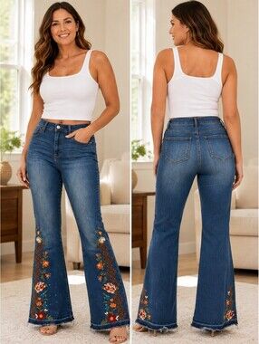 Tru Luxe Jeans Women's 14 Flare Jeans Floral Embroidered Boho Stretch Denim